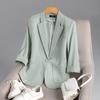 Стильный и повседневный зеленый женский пиджак, короткий рукав, длина семь восьмых, приталенный крой