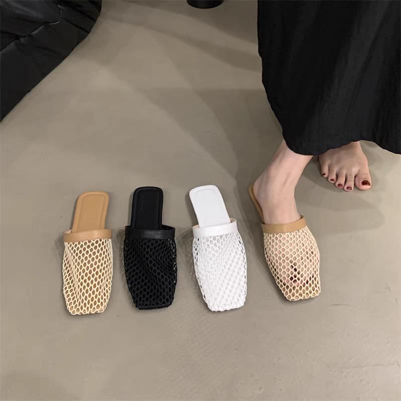 Летние женские тапочки, пикантные сетчатые шлепанцы, домашние шлепанцы с квадратным носком, женская обувь на плоской подошве, уличные сабо, пляжные сандалии, шлепанцы
