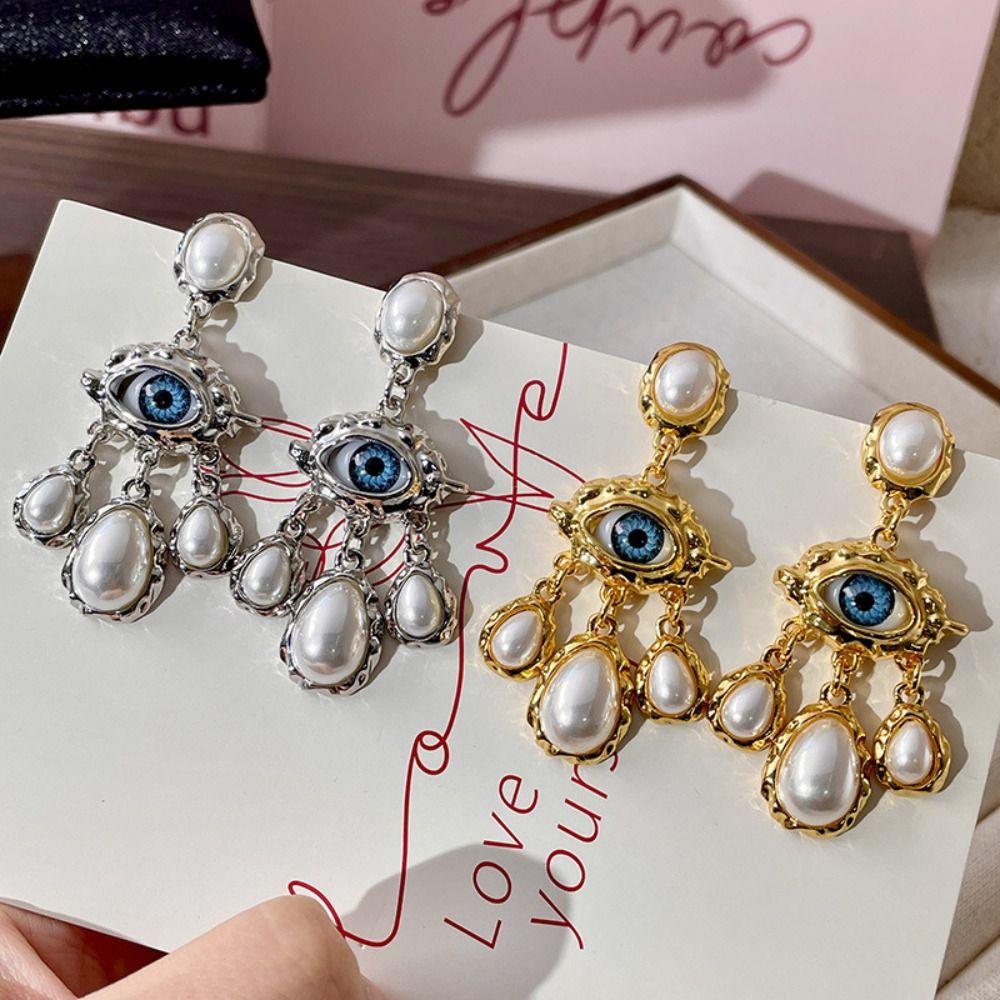 Long Tassel Pearl Drop Earrings Vintage Exaggerate Earring Retro Devil Eye Earrings Party