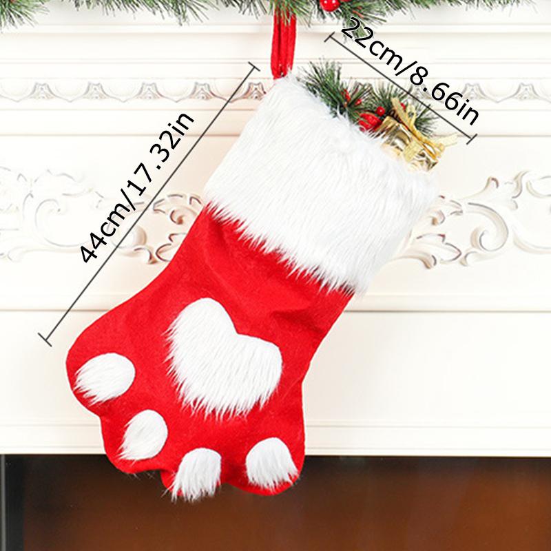 1PC Dog Paw Print Christmas Stockings for Tree Decor Matching Red-Grey Christmas Sock & Bag Set 44x22cm