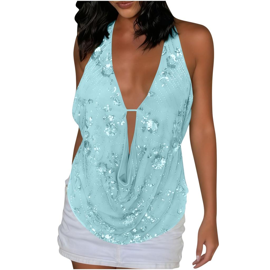 Ladies' Hollow Sequined V-neck Sleeveless Hanging Neck Backless Slim Fit Top