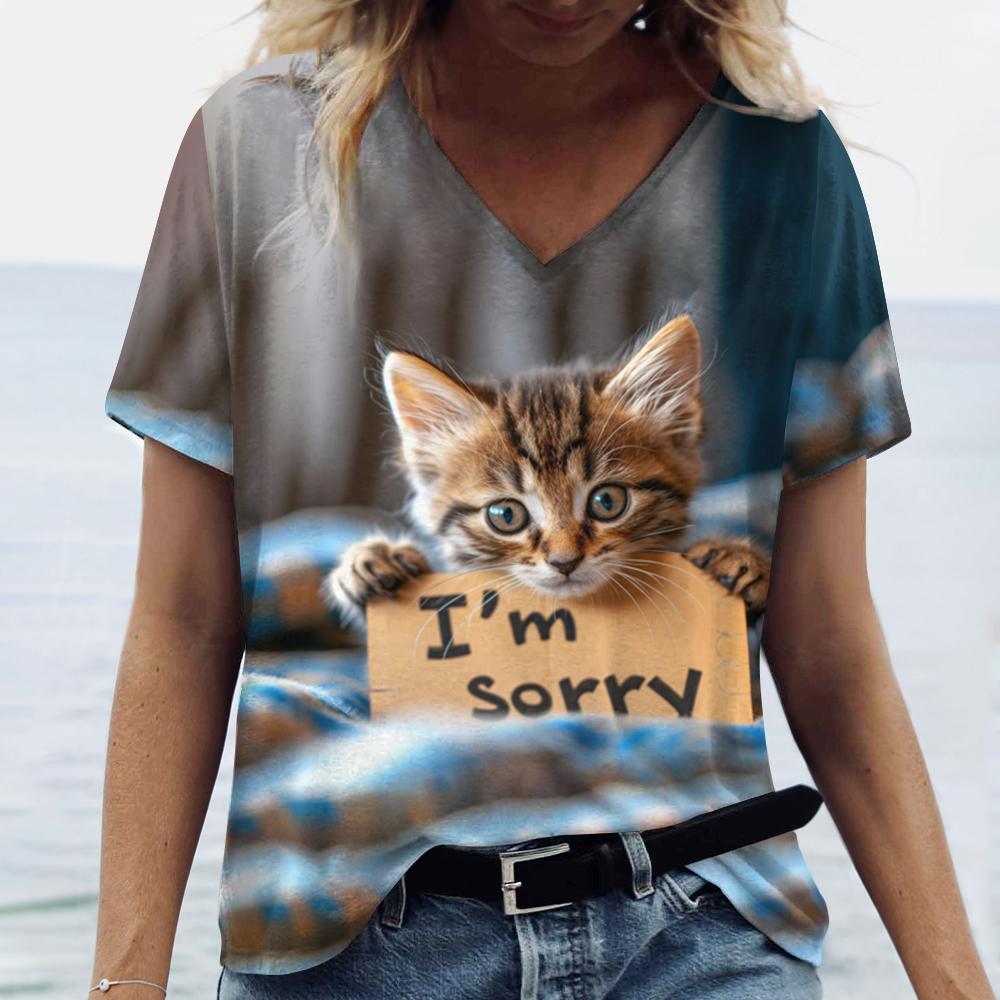 Летняя футболка с принтом «Забавный кот, извини», 3D, женская уличная одежда, повседневные футболки, топы Y2k, женские футболки с V-образным вырезом в стиле Харадзюку, свободная одежда