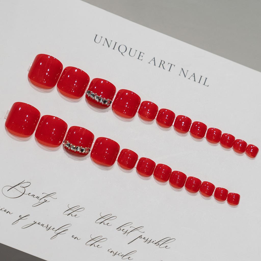 Red Press on Toenails with Rhinestone Reusable Long Lasting Press on Nails for Shopping Traveling Dating