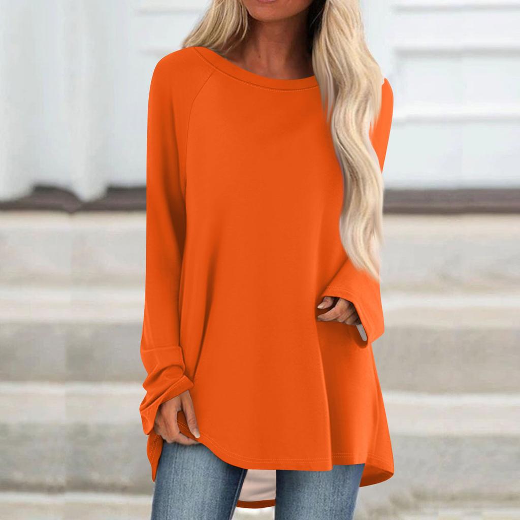 Women's Fashionable Loose Mid-length Round Neck Pullover Solid Color Raglan Sleeves Long-sleeved Casual Top