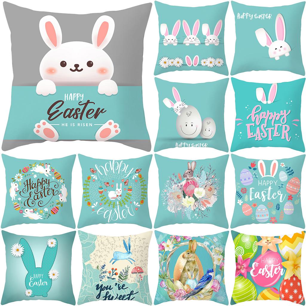 Easter Peach Velvet Cushion Cover Lake Blue Series Rabbit Egg Print Cushion Cover