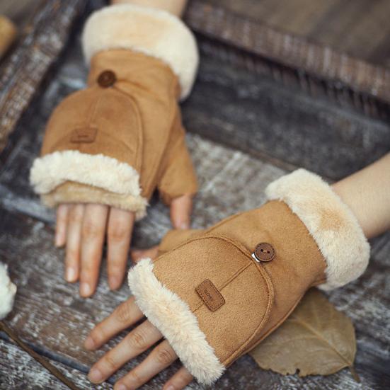 Women Winter Suede Gloves Thickened Convertible Fingerless Mittens Fleece-lined Warm Gloves with Fluffy Cuffs for Outdoor Cycling Hiking