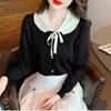 Fashion Sweet Peter Pan Collar Knitted Shirt for Women Autumn and Winter Slim Long Sleeve Women's Blouse Vintage Solid Bow Tie Ladies Tops 24742
