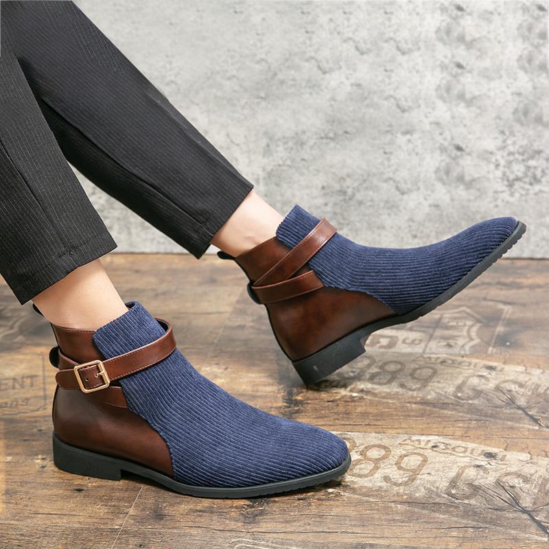 Men’s Chelsea Demi-season Short Boots Wingtip Mid-calf Boots Tuxedo Ankle Boots for Men Pointed Toe Retro Stitching Contrast Color Boots