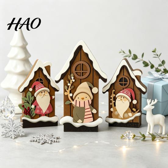 Rustic Forest Elf Ornament 3PCS Christmas Log Cabin Ornaments, Wooden Village House with Holiday Table Centerpiece Design, Winter Decor for Fireplace