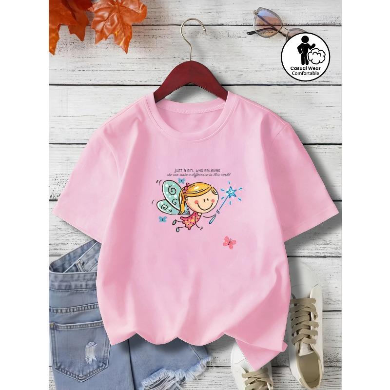 European sizes Girls' Round Neck Short Sleeve T-Shirt, June 1St Day Theme Summer Fashion Comfortable Tee, Cute Flower Fairy Butterfly Print Pattern
