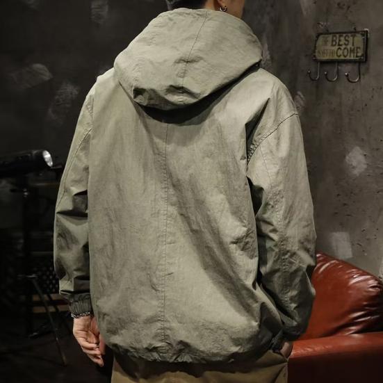 Мужской плащ однотонный длинный рукав полумолния капюшон куртка с карманами на молнии свободный крой тонкая куртка для отдыха
