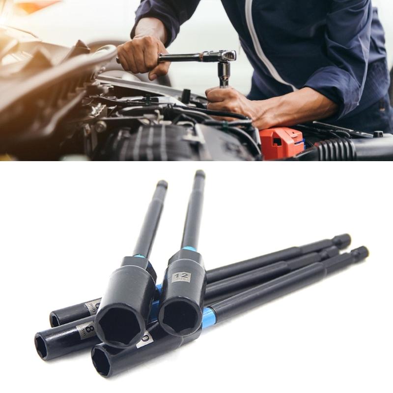 Pack of 5 Long Hexagonal Socket Nut Driver Set for Electric and Pneumatic Tool with Alloy Steel Construction