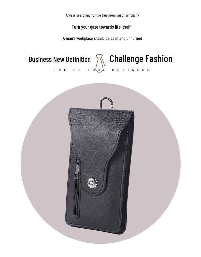 PU Leather Double Layer Mobile Phone Waist Bag for Men - Slim, Multifunctional Vertical Belt Bag for Construction Work
