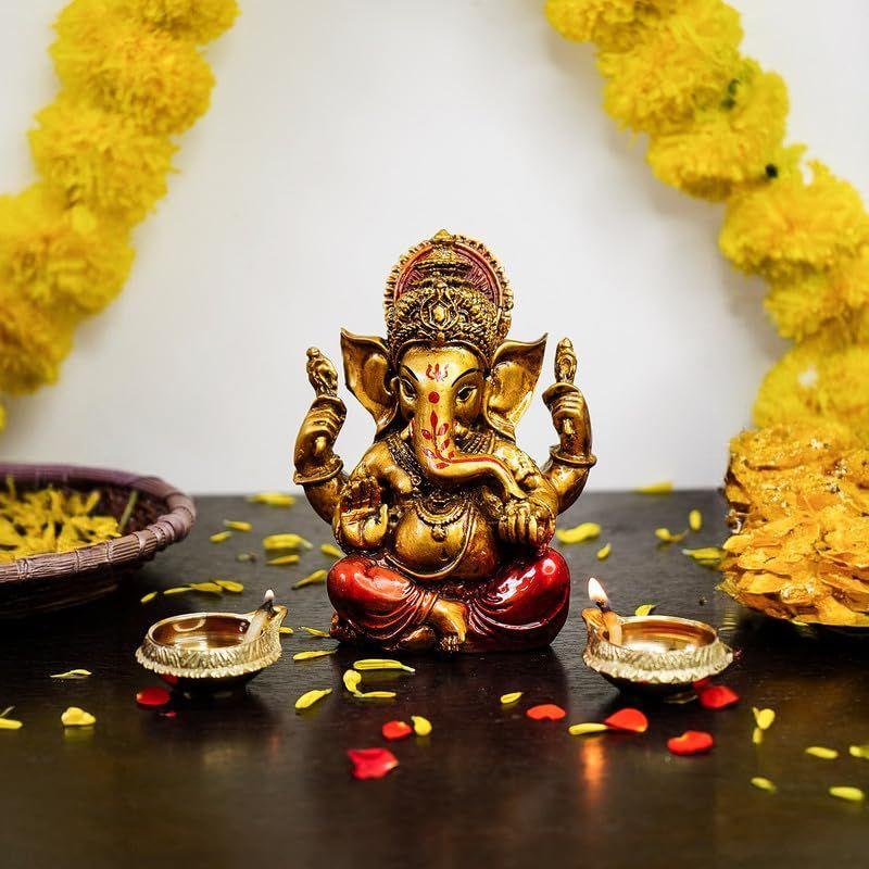 Antique Gold Painted Ganesha Idol (5 inch) | Marble Dust Ganesh Murti