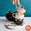 Привет, керамическая кофейная чашка с блюдцем, ложка, мультяшная кошка, чашка для завтрака, молоко, кружка, хлеб, десерт, блюдо, подарок