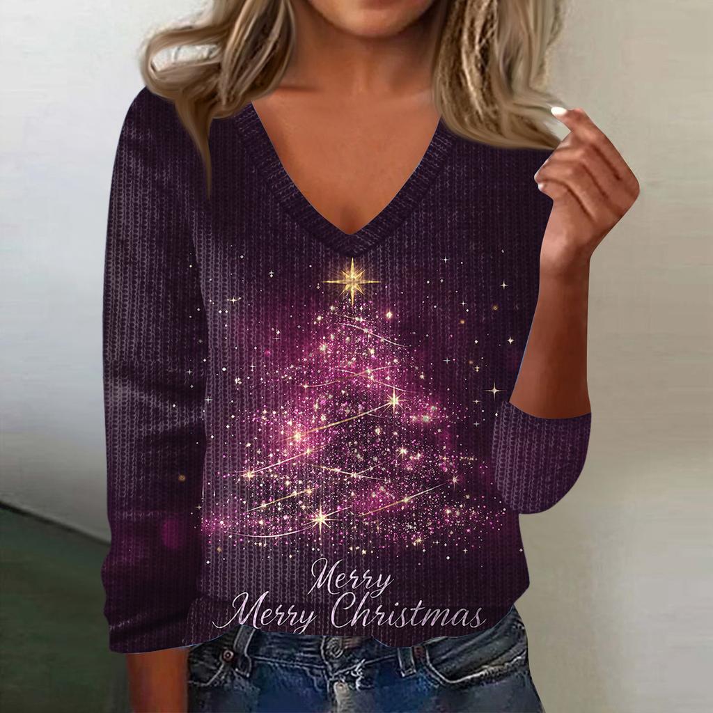 Women's Cute Sweatshirt Knitted Fashion Casual V-neck Long-sleeved Cozy Print Top