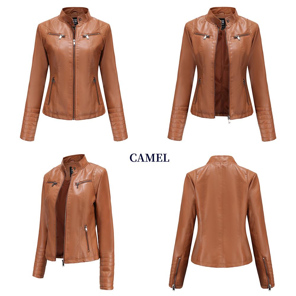Women's European & American Spring/Autumn Leather Motorcycle Jacket - Stylish Short Design