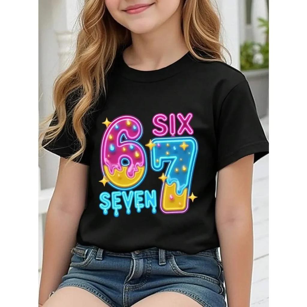 Children's 67 Print T-shirt Girls Short Sleeve Round Neck Tee Casual Wear Comfort Children Clothes 67 Six Seven Girl Clothing