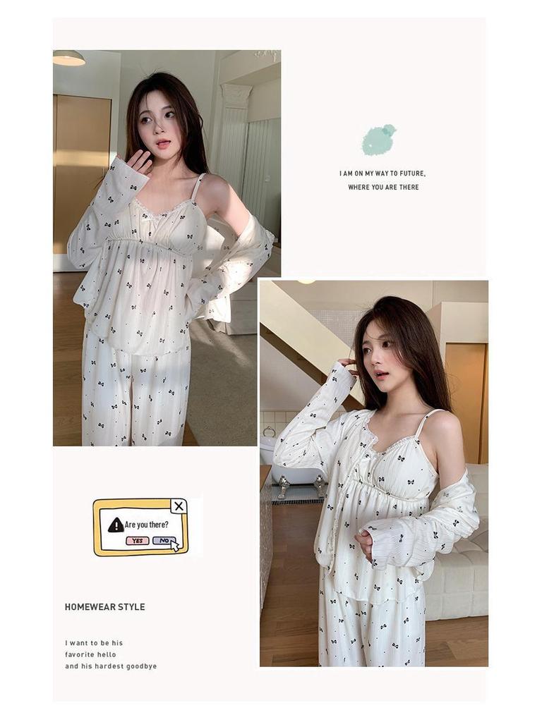 Women's Cross-Border Pajama Set: Spring/Autumn Polka Dot Cardigan & Suspender with Chest Pads, Korean Style, Pure Desire, 3-Piece Home Wear.