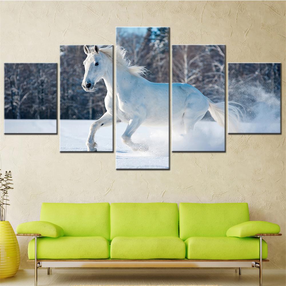 White Horse Running Snow Poste Wall Art Canvas Set - Modern Animal Themed Decor Painting for Teenager's Room Interior Decoration