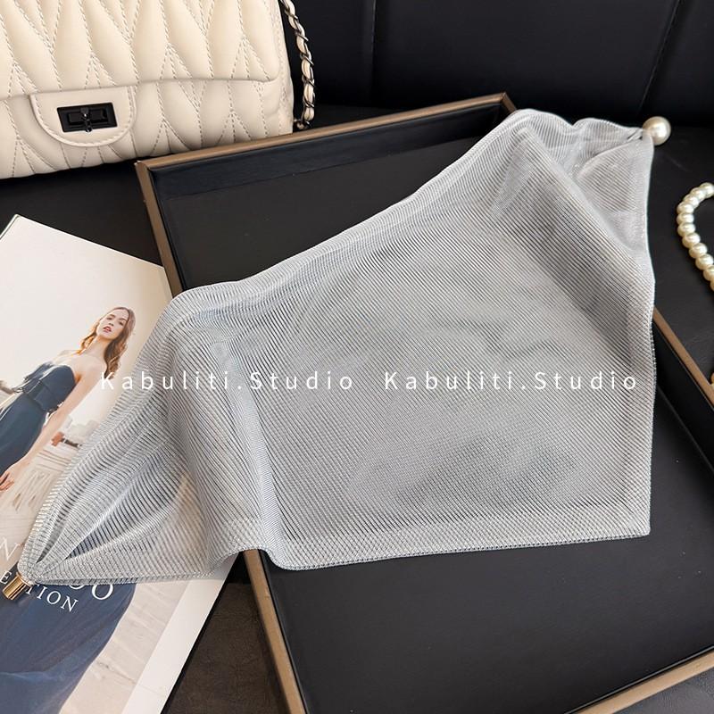Magnetic Clasp Pearl Necklace Scarf Women Wine Red Triangle Silk Wrap Lightweight Neck Gaiter Shirt Styling