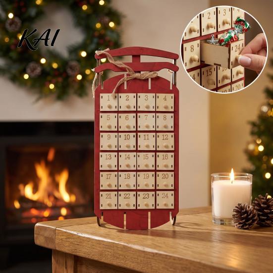 Christmas Advent Calendar Wooden Sleigh Calendar, 24-Day Countdown Box with Drawers, Drawers Tree Hanging Decor, Holiday Surprise Candy Toy Storage