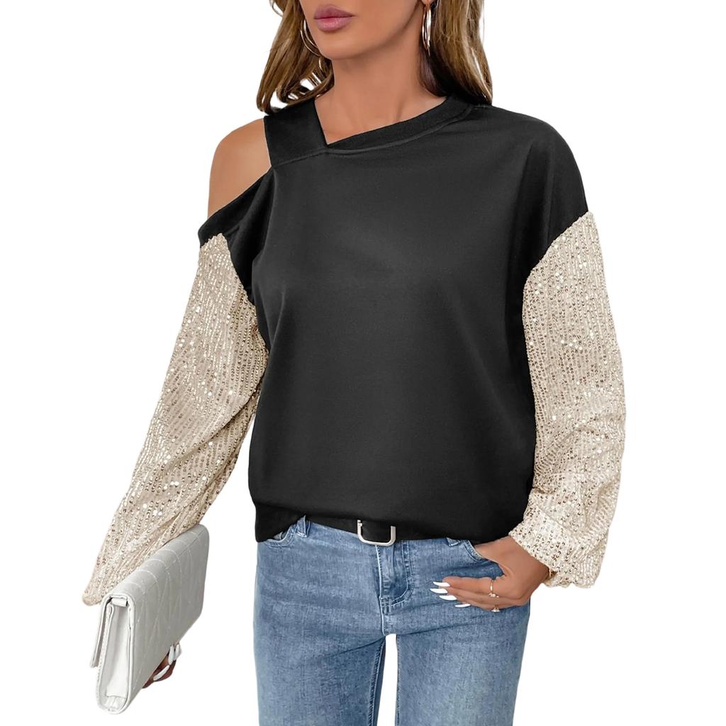 Women's Retro Party Long-Sleeved Sequined Off-Shoulder Color-Blocked Sweatshirt