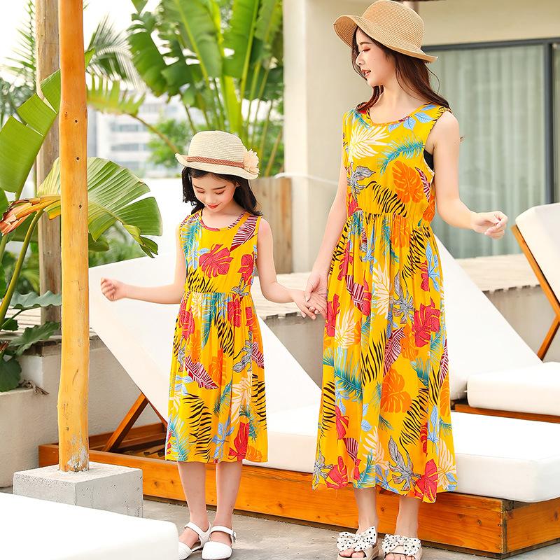 Детское хлопковое платье, летнее платье, семейное платье принцессы в иностранном стиле с цветочным принтом, пляжное платье на бретелях для девочек