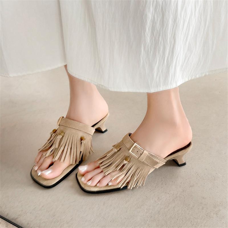 Fashion New Cow Suede Summer Slippers Square Toe Shoes for Women Fashion Tassels Slippers Handmade Mid Heel Pinch Toe Shoes Brown