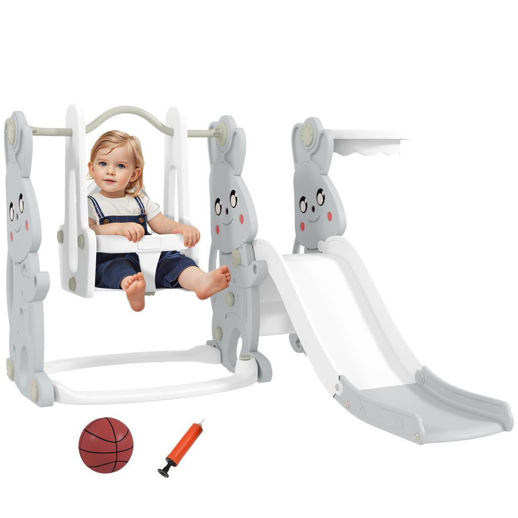 4-in-1 playset for toddlers. Slide. Swing. Climbing frame. Basketball hoop. Plastic. Rabbit design. Grey.