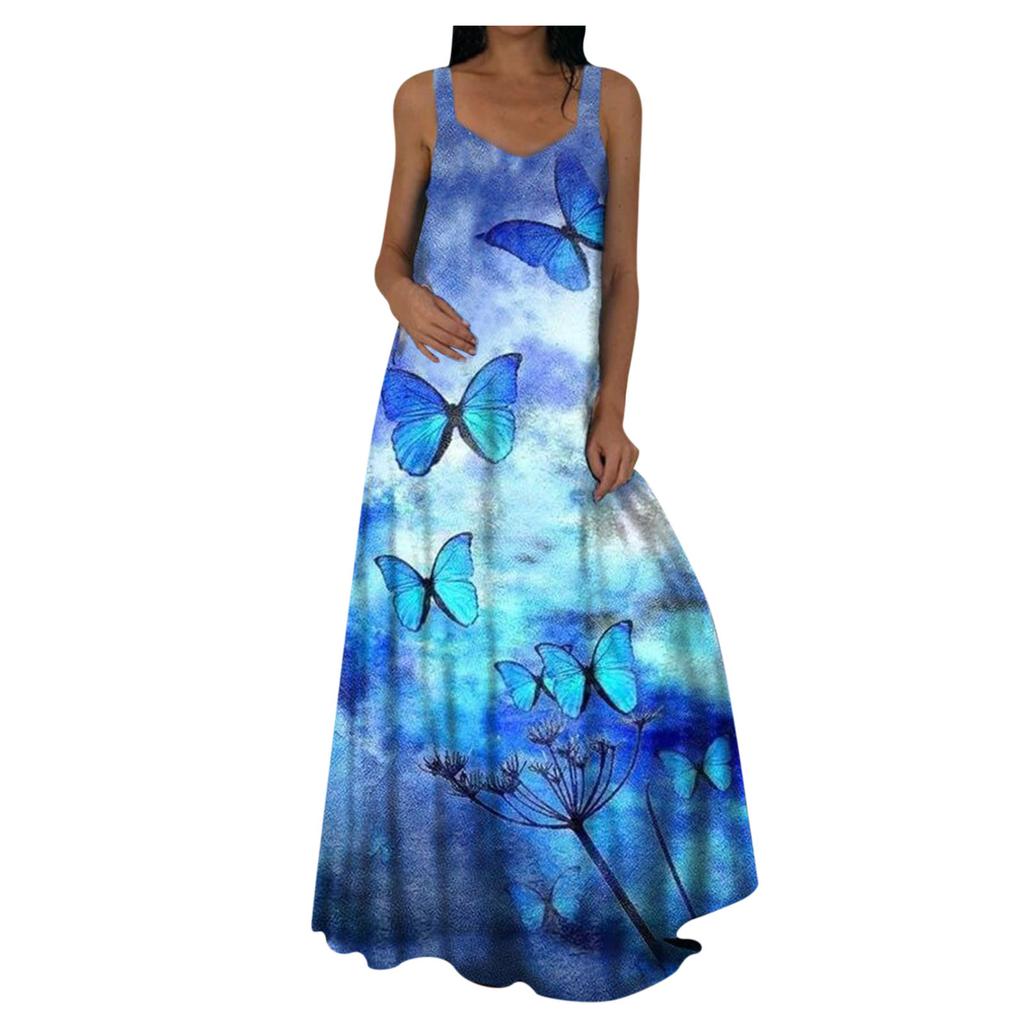 Женское повседневное платье макси с принтом, V-образным вырезом, без рукавов, платье-комбинация с карманами