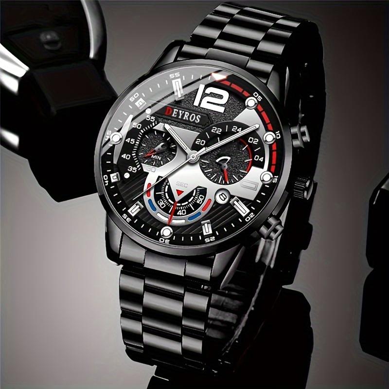 3pcs/set Men'sBusiness  Alloy Stainless Steel Pointer Quartz Wrist Watch & Bracelet Necklace Set
