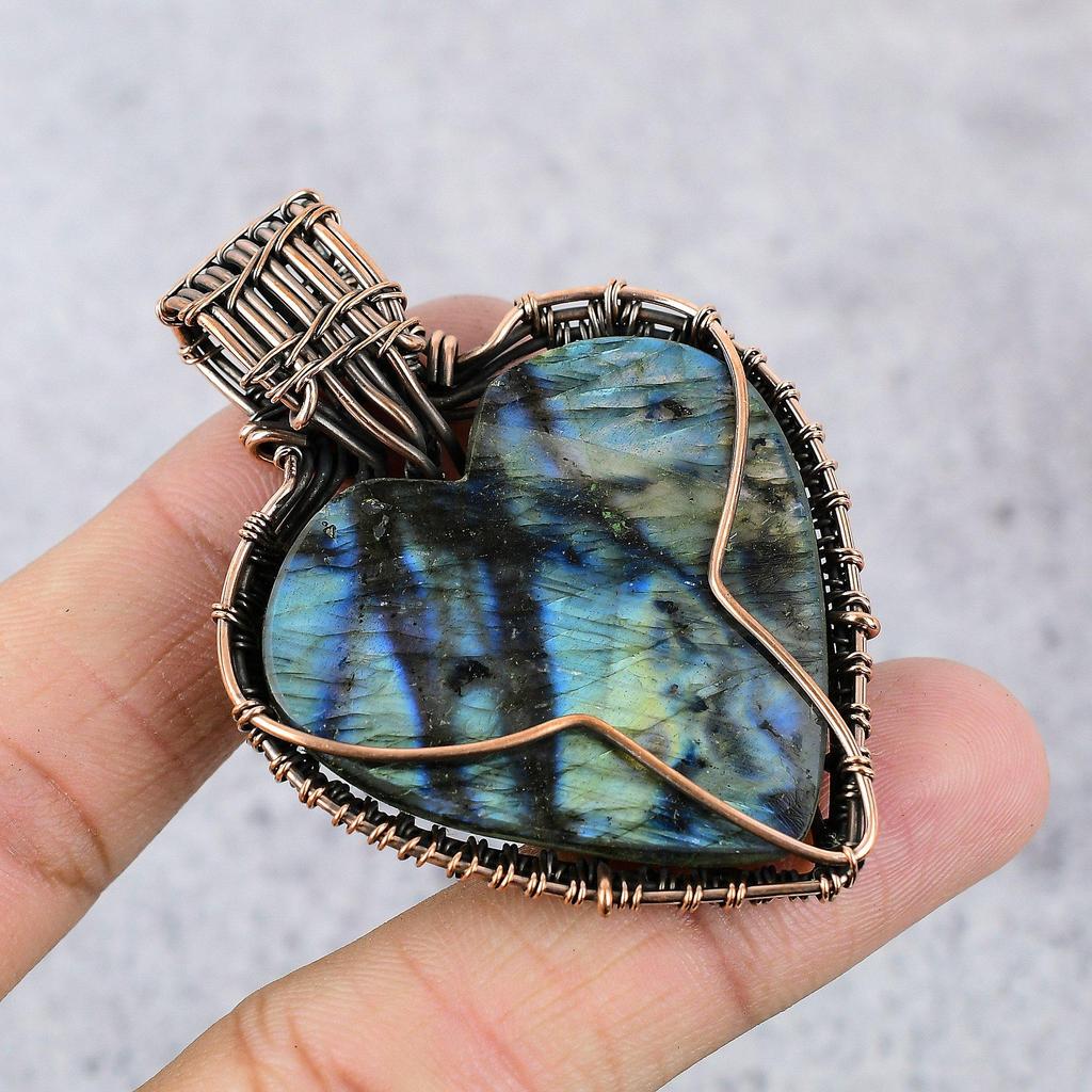Labradorite Pendant, Handmade Gemstone 999 Copper Wire Wrapped Pendant Antique Jewelry, For Gift Silver Jewelry
