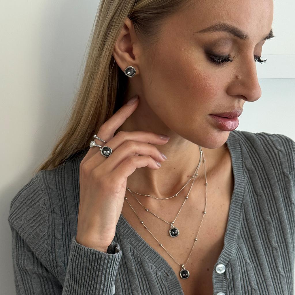 SHIXIN New Elegant Rhinestone Pendant Necklace Earrings Open Ring Set for Women Luxury Simple Multi Layer Stackable Jewelry Set