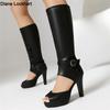 Модная летняя женская обувь на платформе, высокие каблуки, ботфорты до колена, сексуальные туфли с открытым носком и вырезами по бокам, туфли на высоком каблуке, сандалии с пряжкой, лодочки, женские, черные