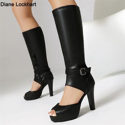 Модная летняя женская обувь на платформе, высокие каблуки, ботфорты до колена, сексуальные туфли с открытым носком и вырезами по бокам, туфли на высоком каблуке, сандалии с пряжкой, лодочки, женские, черные