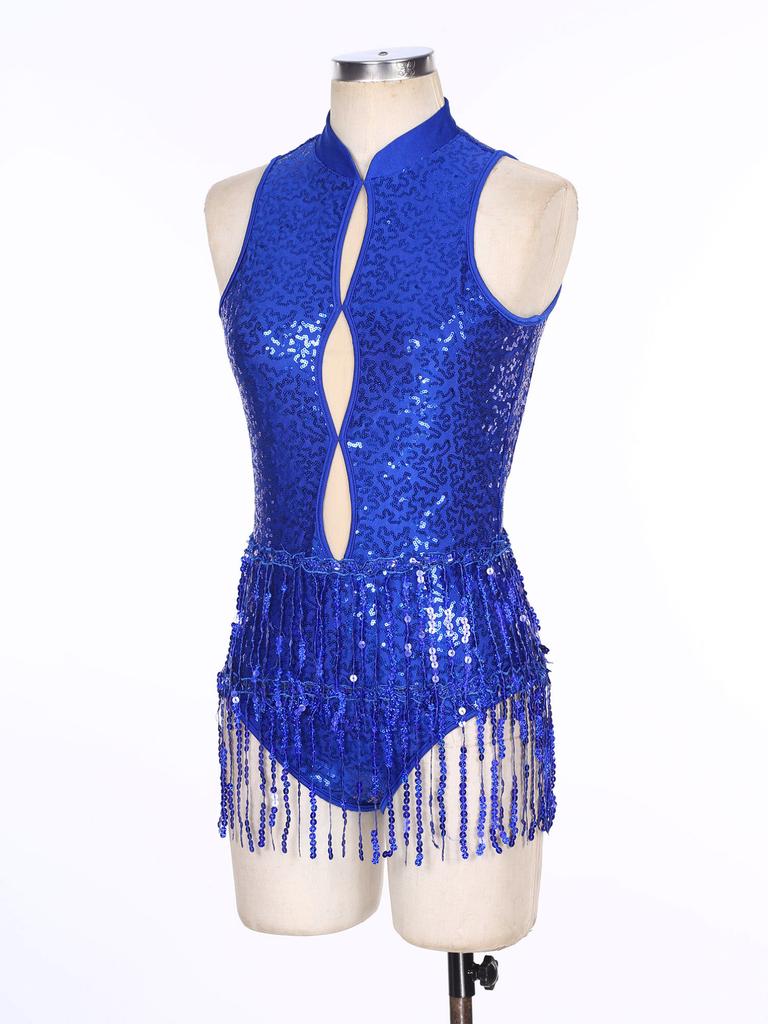 Women's Shiny Sequins Tassel Latin Jazz Dance Leotard Backless Fringed Bodysuit Lyrical Dance Costume