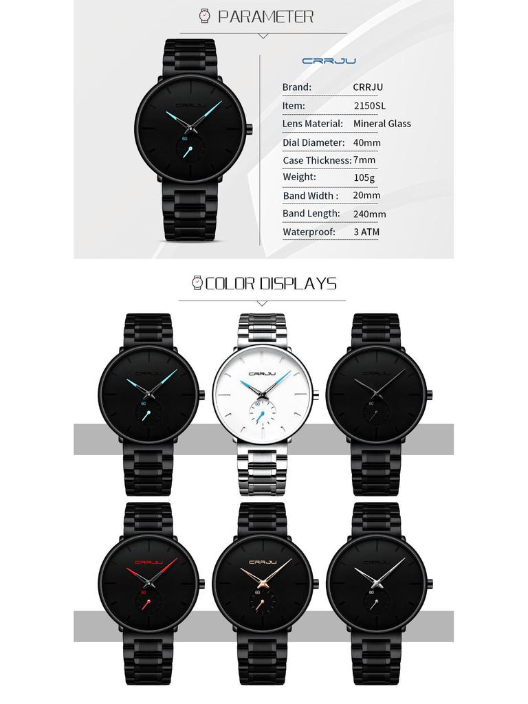 CRRJU 2150 Men's Ultra-thin Waterproof Steel Band Watch