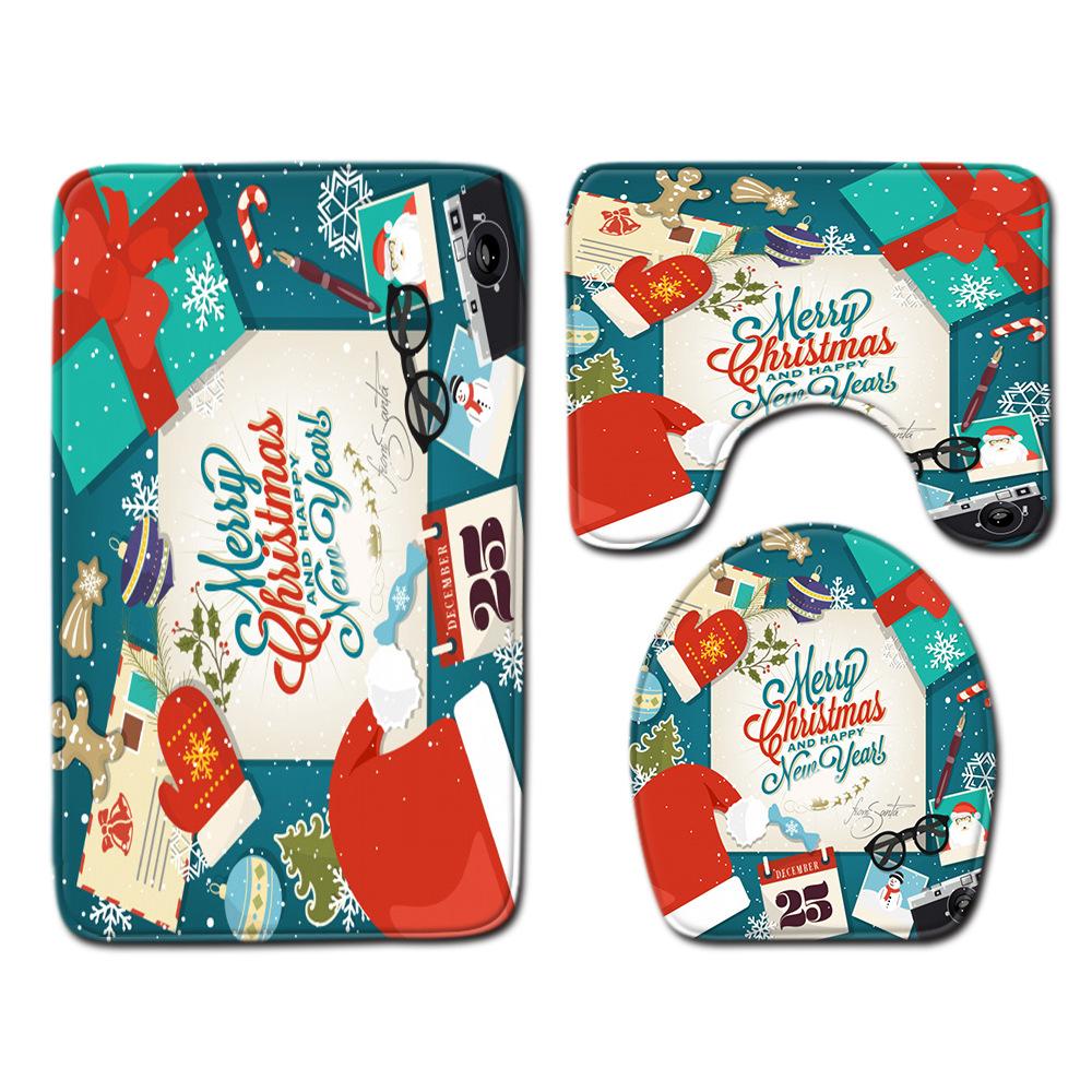 Christmas Waterproof Shower Curtain Four-Piece Combination Floor Mat Entrance Door Mat Bedroom Living Room Carpet