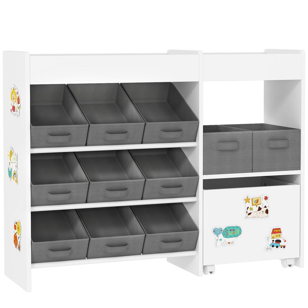Kids Toy Storage Unit With 11 Bins Cabinet Top Shelves 3 Stickers For Nursery Playroom White