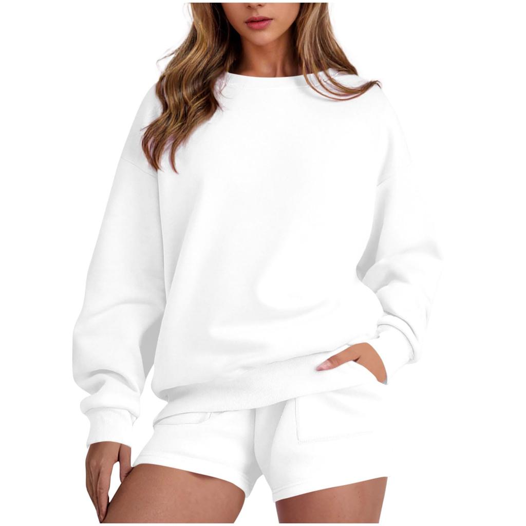 Women's Fashion Sportswear Casual Long-Sleeved Pullover Sweatshirt Drawstring Shorts Set