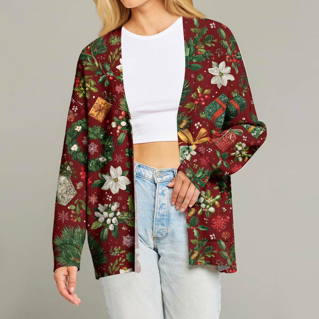 Women's Fashion Long Sleeve Christmas Print V-Neck Button Loose Cardigan Top