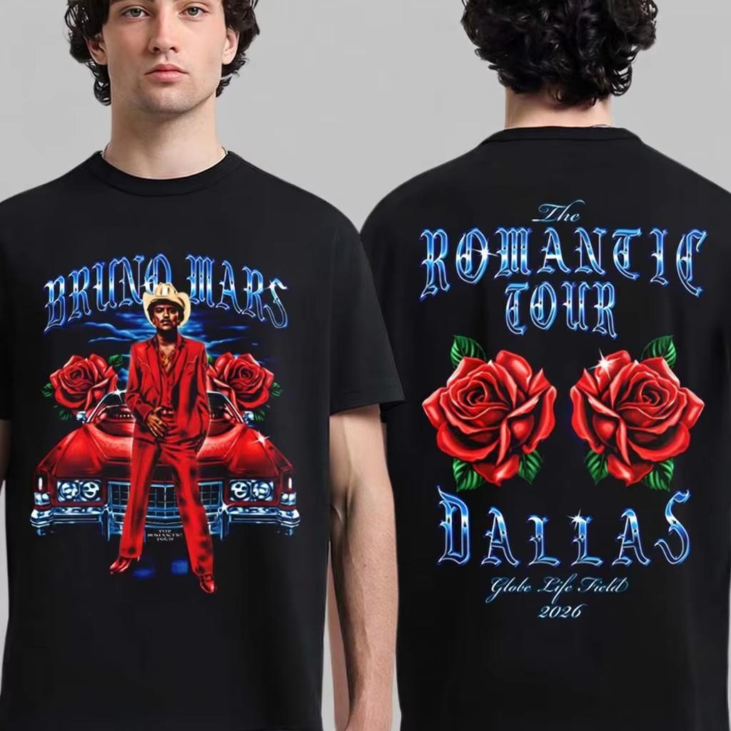 Summer Hot Sale Bruno Mars The Romantic 2026 Tour T-shirt Men Women Vintage T-shirt Print Crew Neck Short Sleeve Lightweight Casual T Shirt