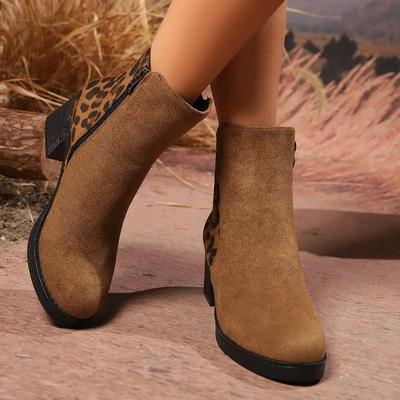 Модные зимние ботинки в стиле ретро с круглым носком, коротким низким каблуком, цветной вставкой, тонкие женские сапоги для верховой езды, дизайн с леопардовым принтом