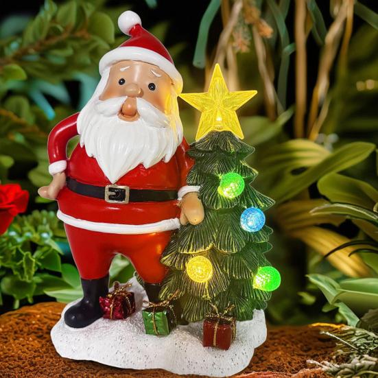 Christmas Santa Figurine Solar Light Resin Snowman Santa Claus Tree Statue Decorative Lamp Home Office Desktop Ornament