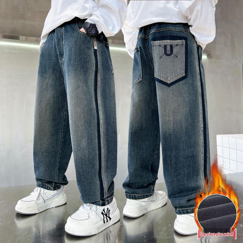 Джинсы на флисовой подкладке для мальчиков Весна-Осень 2025 - Повседневные длинные брюки для детей