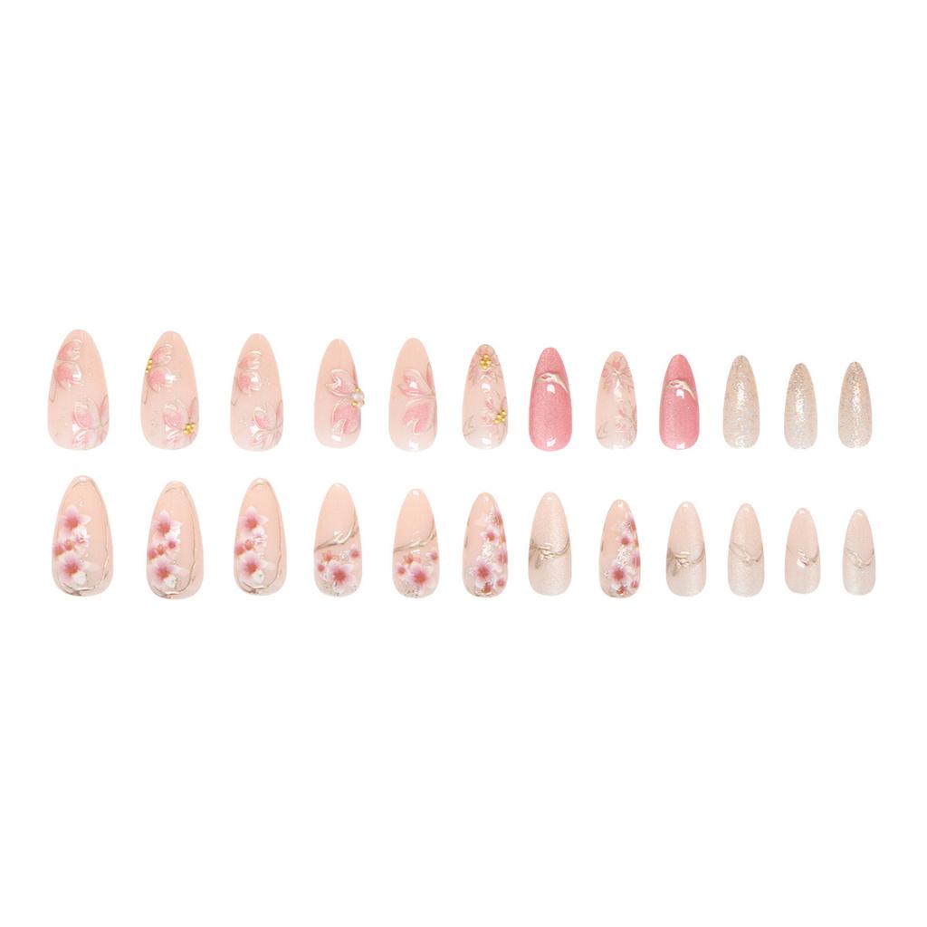 Cat's Eye Gilt Flower White Sweet Versatile Medium and Long Almond Nail Removable Manicure 24 Pieces