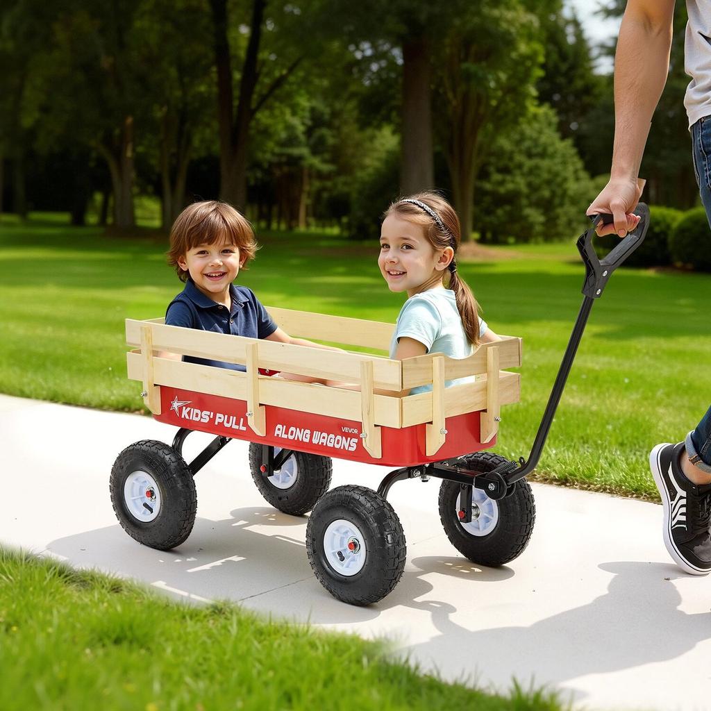 Pull-Along Wagon for Kids, 101cm Toddler Wagons with Wooden Panels & Handle, Supports up to 150kg, All-Terrain Utility Wagon Cart Birthday Present for