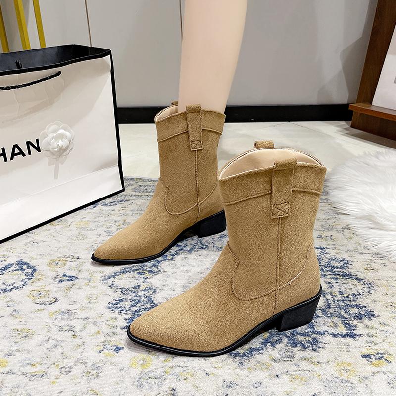 Модные женские остроносые ковбойские сапоги в стиле вестерн, женские сапоги на толстом каблуке до середины икры, модные осенне-зимние ретро-сапоги, женские полусапожки до середины икры