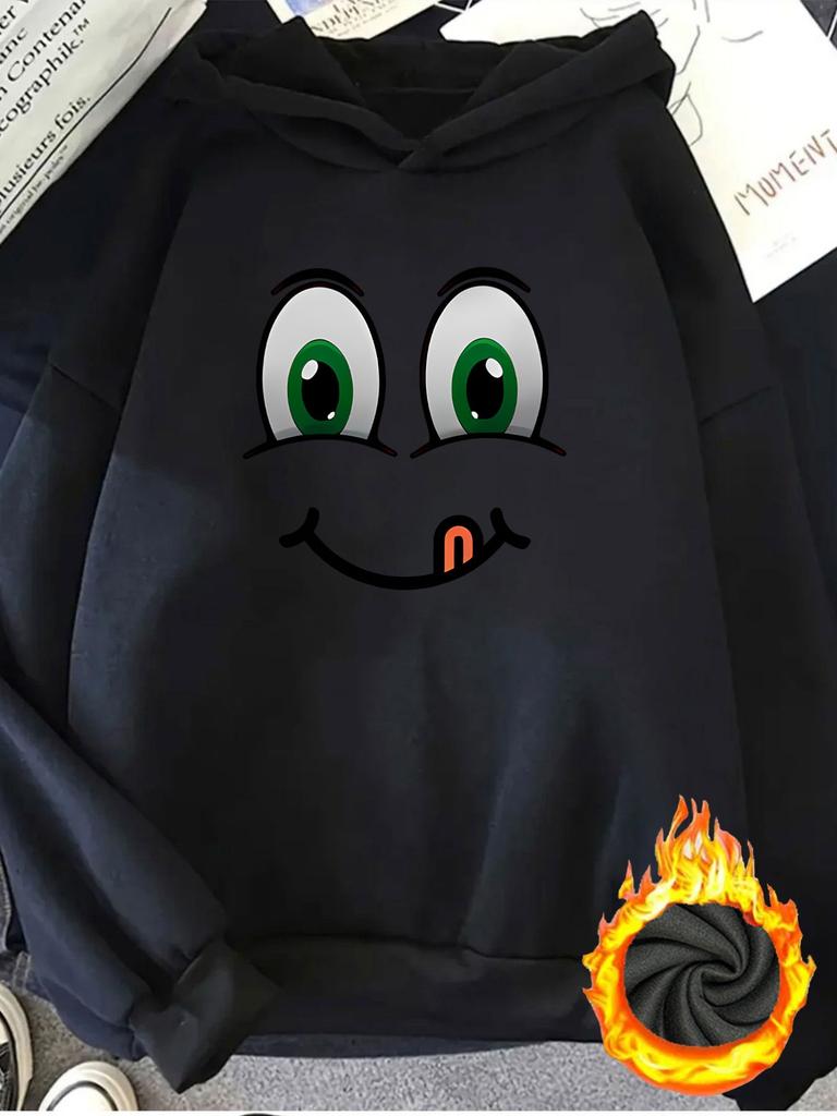 1pc Fashionable Women's Autumn/Winter Warm Hooded Sweatshirt Elegant and Pretty Y2K Style Cartoon Smiling Face with Green Eyes and